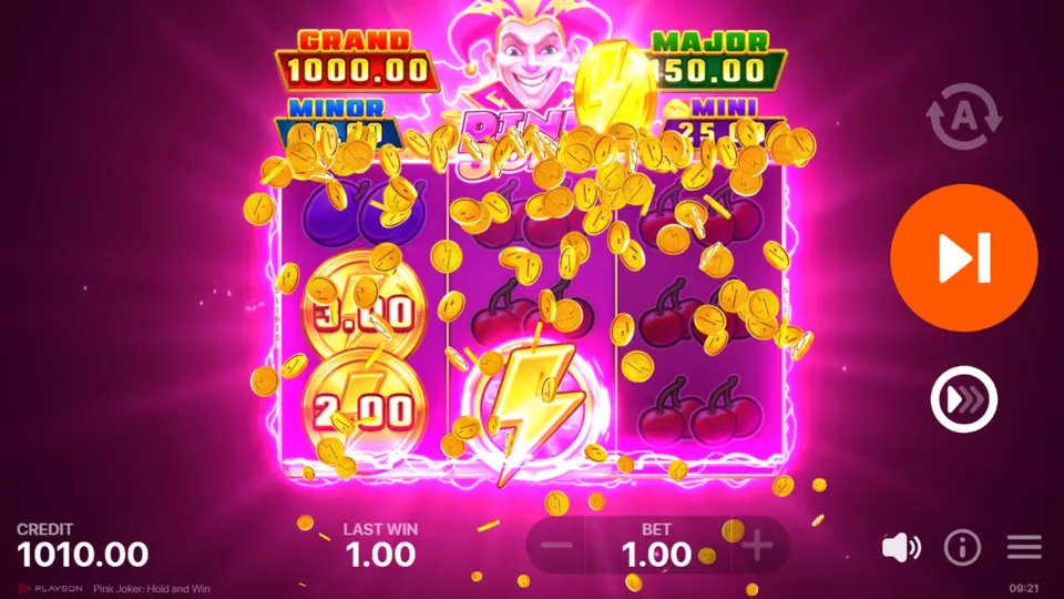 Pink Joker: Hold and Win Bonusspiel mit aktiven Respins und Collect-Symbol auf Walze 2