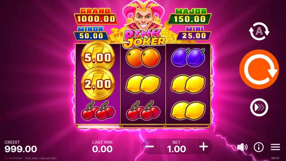 Pink Joker Hold and Win Hauptspiel mit 3x3 Gitter und klassischen Fruchtsymbolen